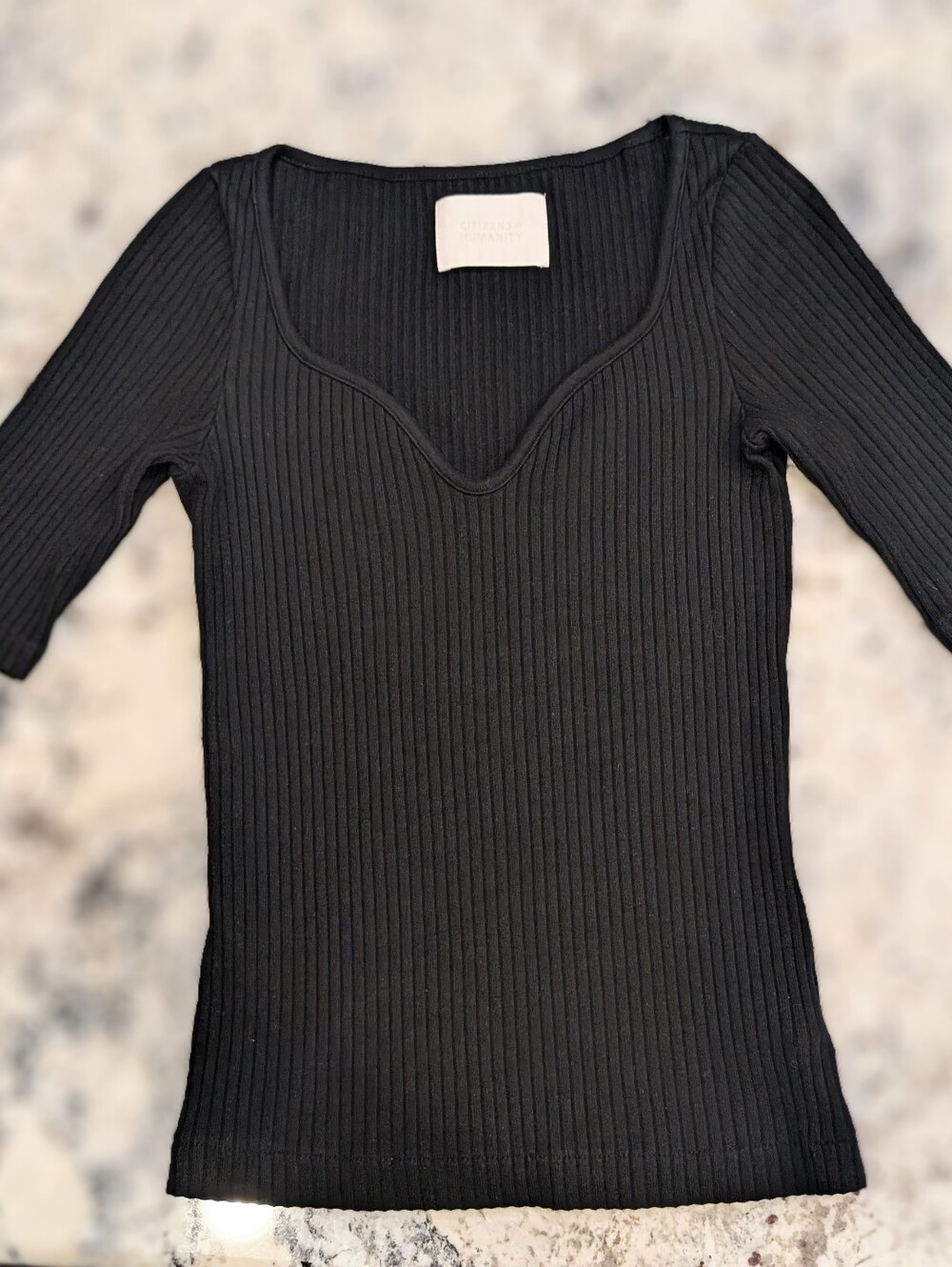 Citizen Of Humanity Black Ribbed Sweetheart Neck Elbow Sleeve Top - Picture 4 of 5
